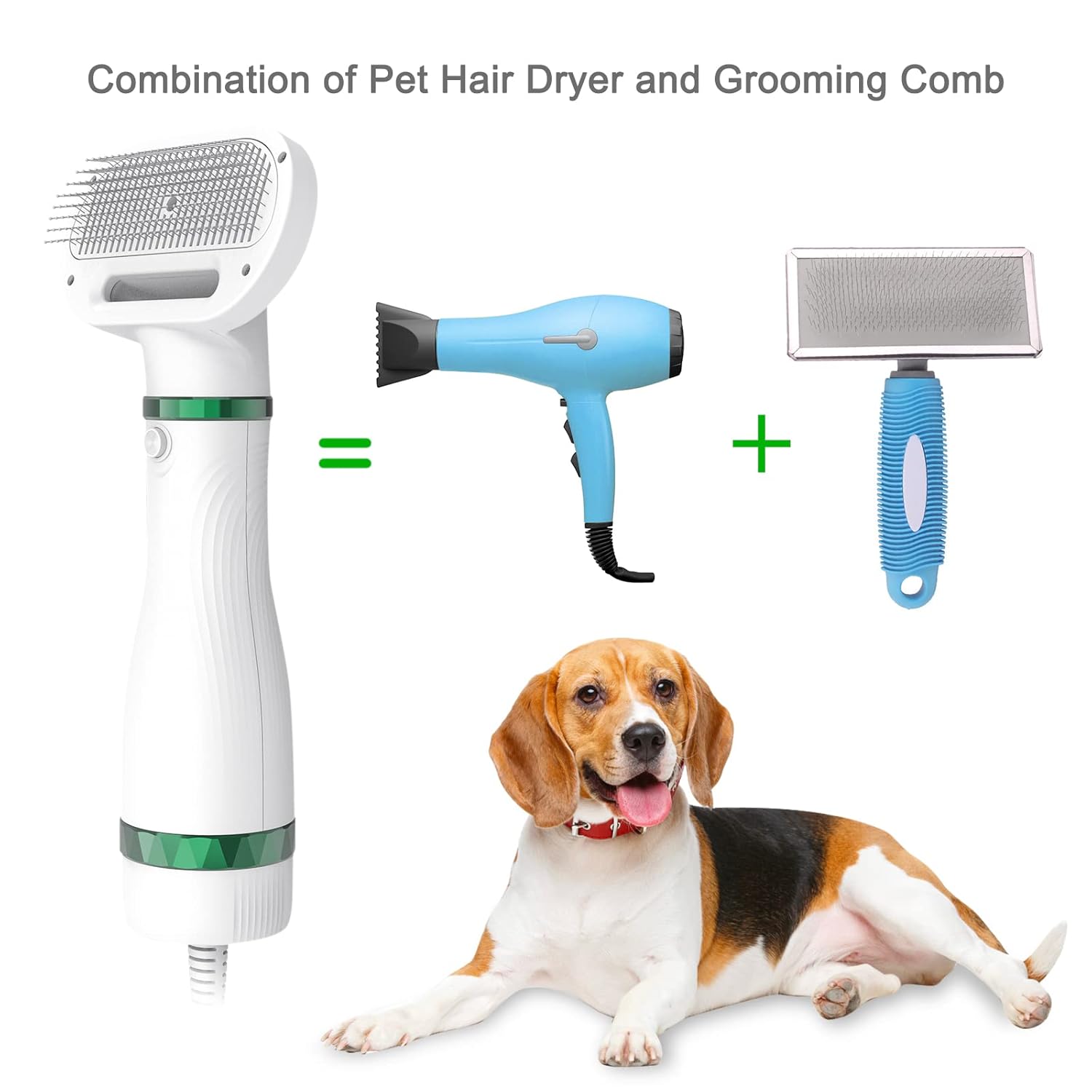 Pet Hair Dryer Brush, White, Safe for All Hair Types, Flexible Stainless Steel Bristles, 3 Temperature Settings, 300W, Hair Brush for Small & Medium Dogs & Cats