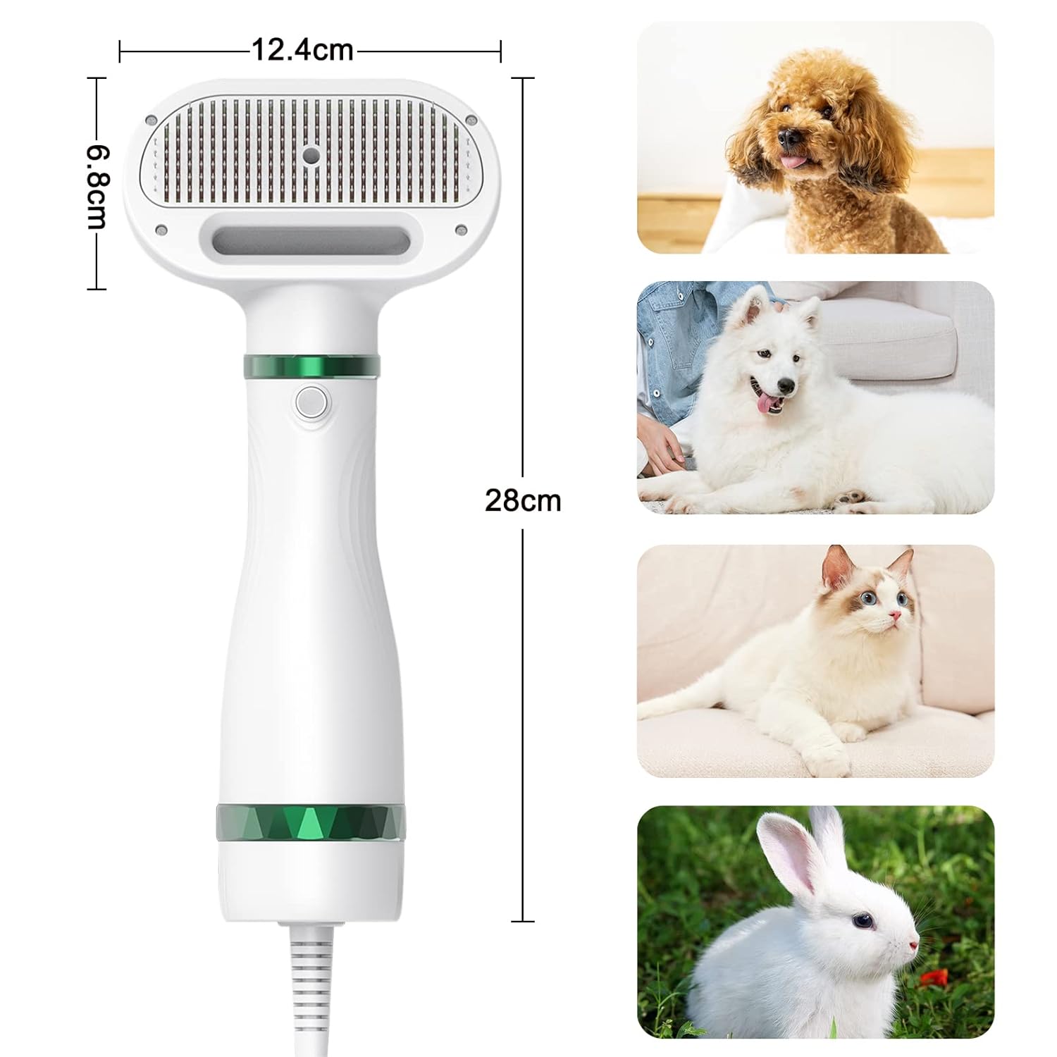 Pet Hair Dryer Brush, White, Safe for All Hair Types, Flexible Stainless Steel Bristles, 3 Temperature Settings, 300W, Hair Brush for Small & Medium Dogs & Cats