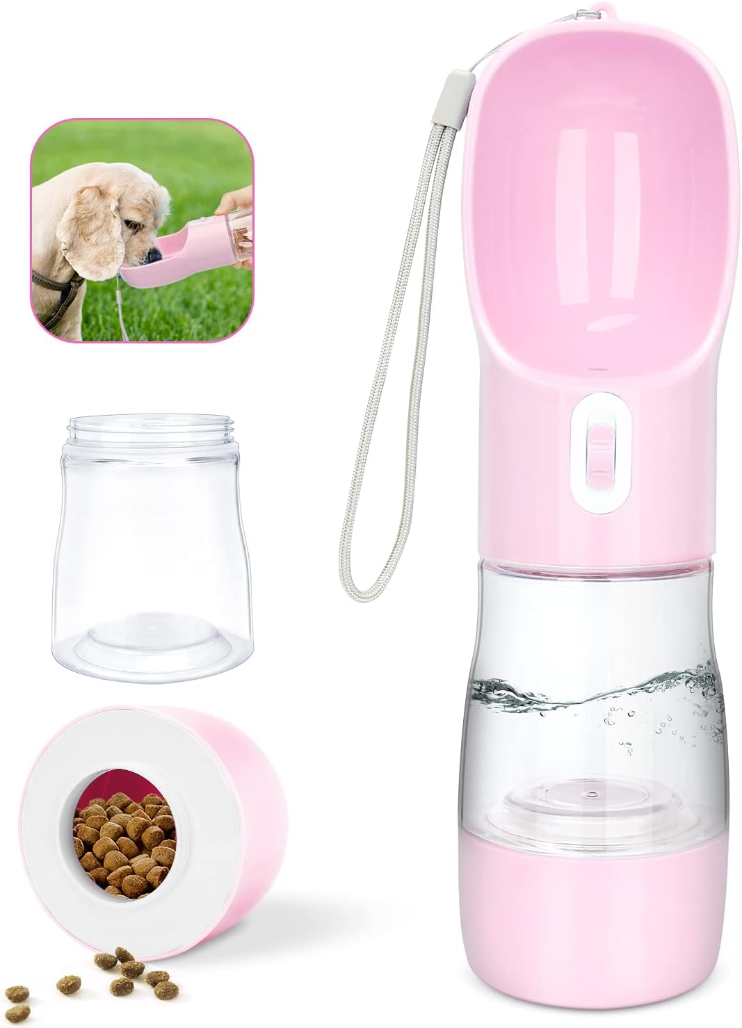 Portable Dog Water Bottle with Food Container, Lightweight, Easy to Carry, BPA Free 