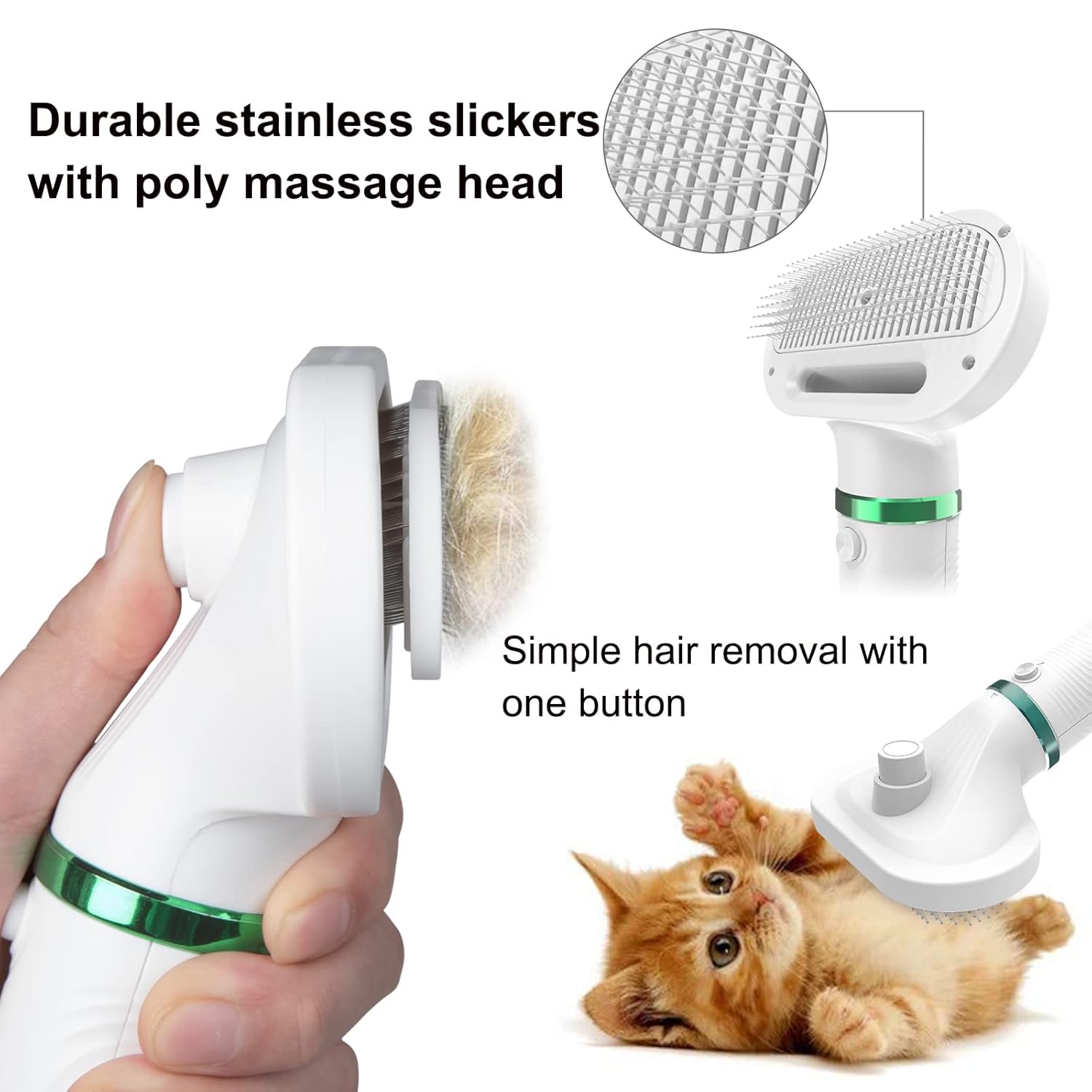 Pet Hair Dryer Brush, White, Safe for All Hair Types, Flexible Stainless Steel Bristles, 3 Temperature Settings, 300W, Hair Brush for Small & Medium Dogs & Cats